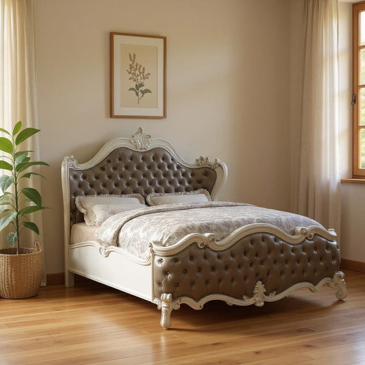 King Tufted Ivory And Gray Upholstered Faux Leather Bed With Nailhead Trim