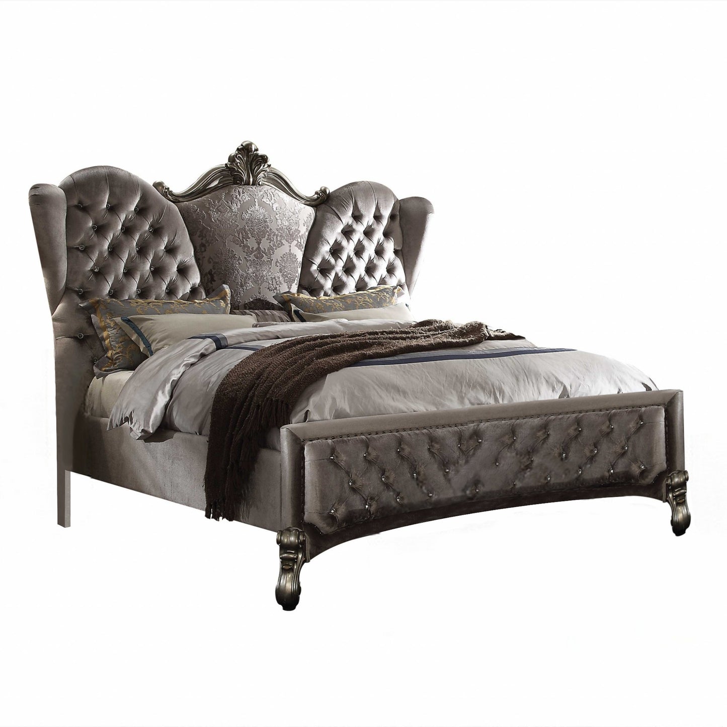 Gray Queen Tufted Upholstered Velvet Bed Frame with Nailhead Trim