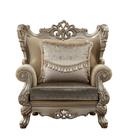 47" Beige Green and Champagne Fabric Geometric Arm Chair And Toss Pillow