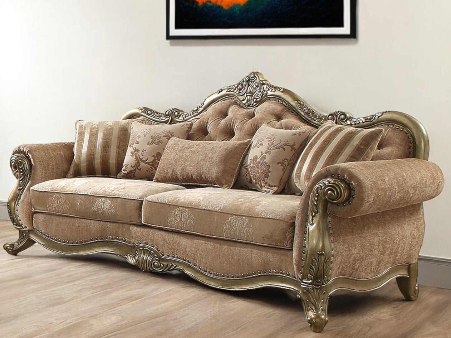 35" Brown Velvet Floral Sofa And Toss Pillows