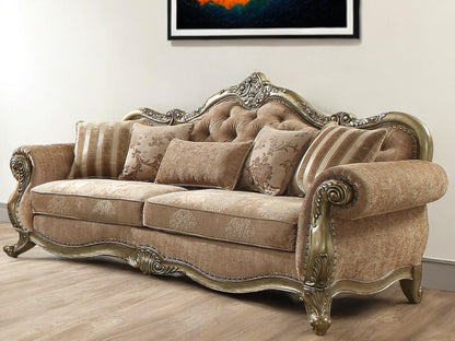 35" Brown Velvet Floral Sofa And Toss Pillows