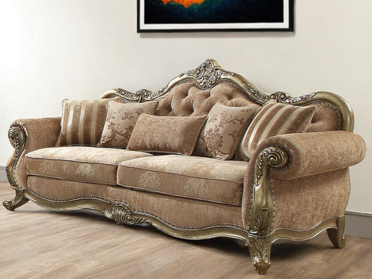 35" Brown Velvet Floral Sofa And Toss Pillows