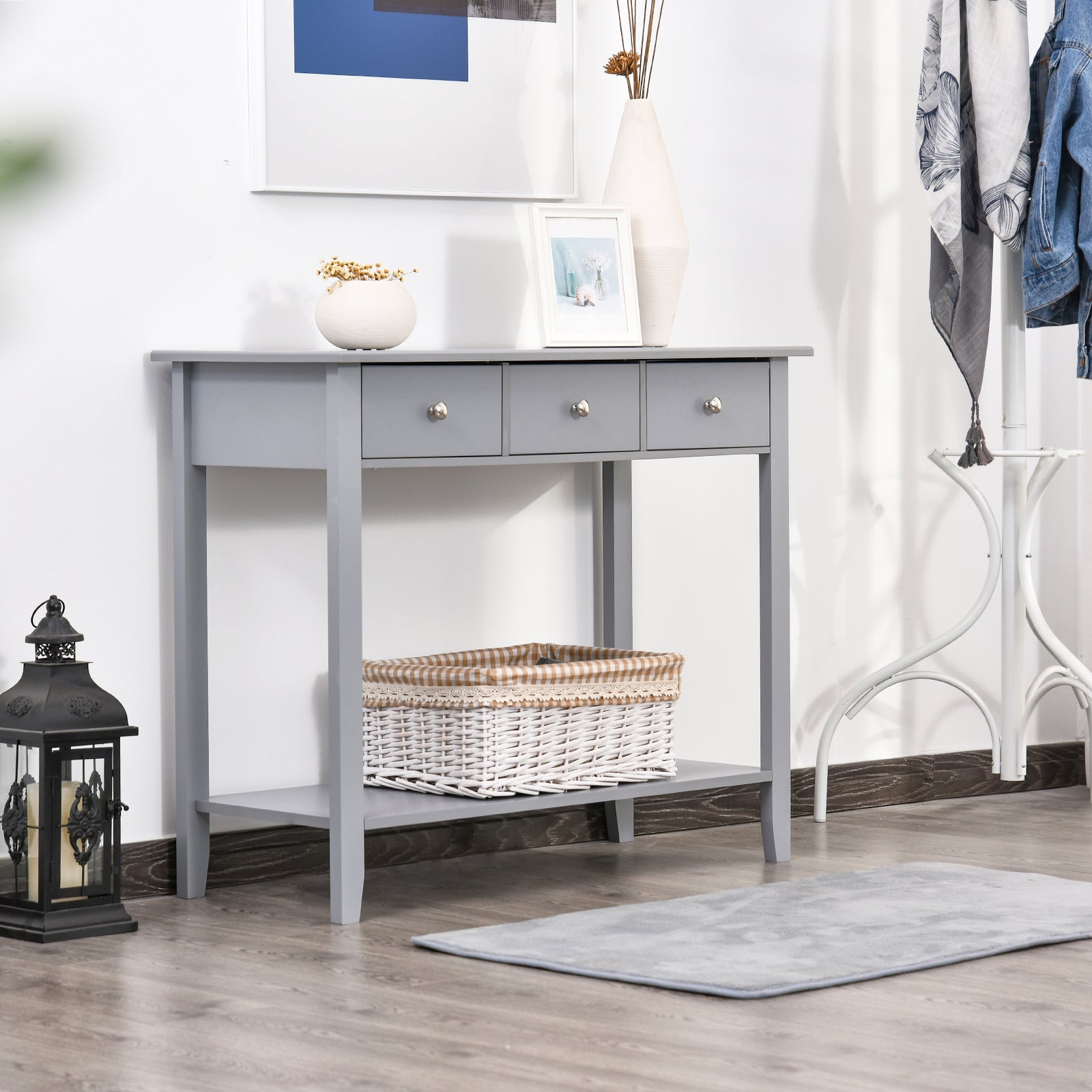 Console Table Industrial Desk with Drawer Bottom Shelf & Large Tabletop for Entryway or Living Room