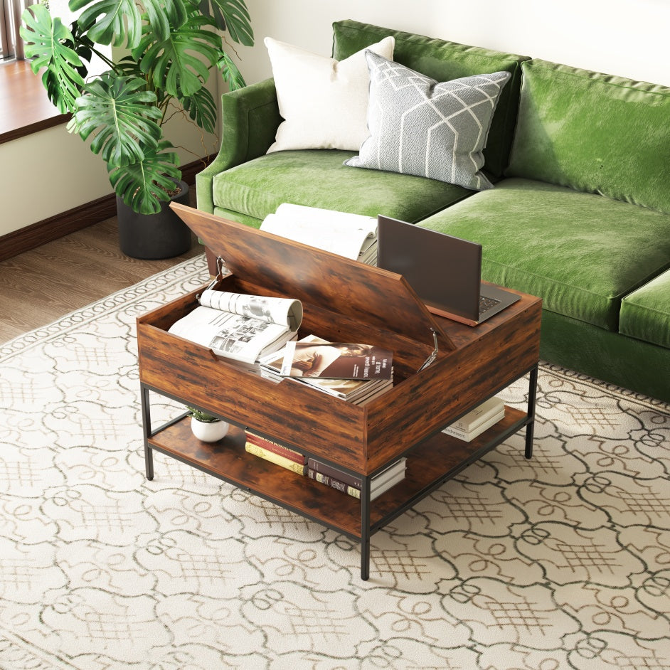 Farmhouse Flip Top Coffee Table With Storage Rustic Wood Grain Table, Hidden Storage Compartment For Living Room, Sturdy Metal Frame Easy To Assemble & Clean