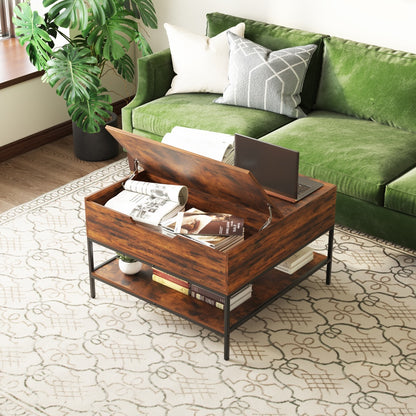 Farmhouse Flip Top Coffee Table With Storage Rustic Wood Grain Table, Hidden Storage Compartment For Living Room, Sturdy Metal Frame Easy To Assemble & Clean