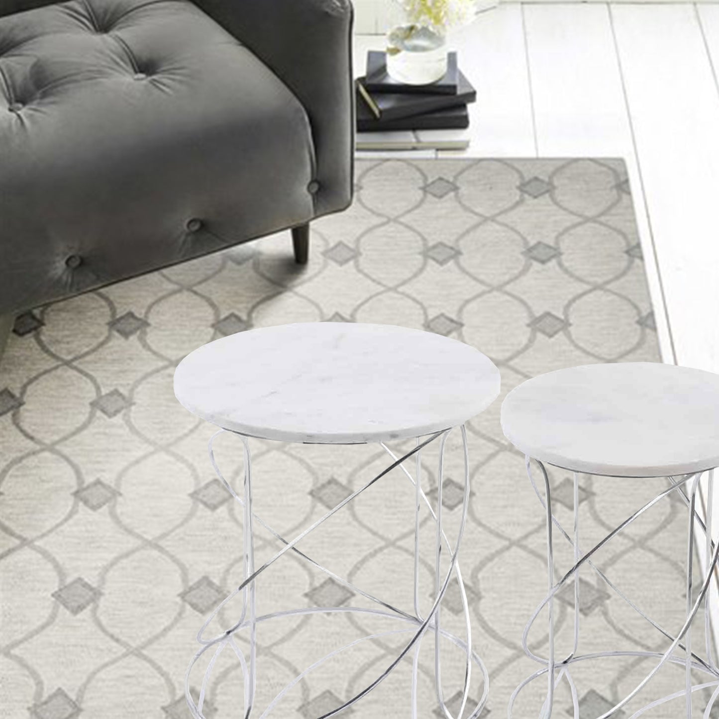Set of Two White and Silver Marble and Metal Round Pedestal End Tables