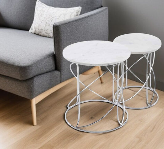Set of Two White and Silver Marble and Metal Round Pedestal End Tables