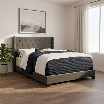 Solid Wood Queen Tufted Gray Upholstered Velvet Bed With Nailhead Trim