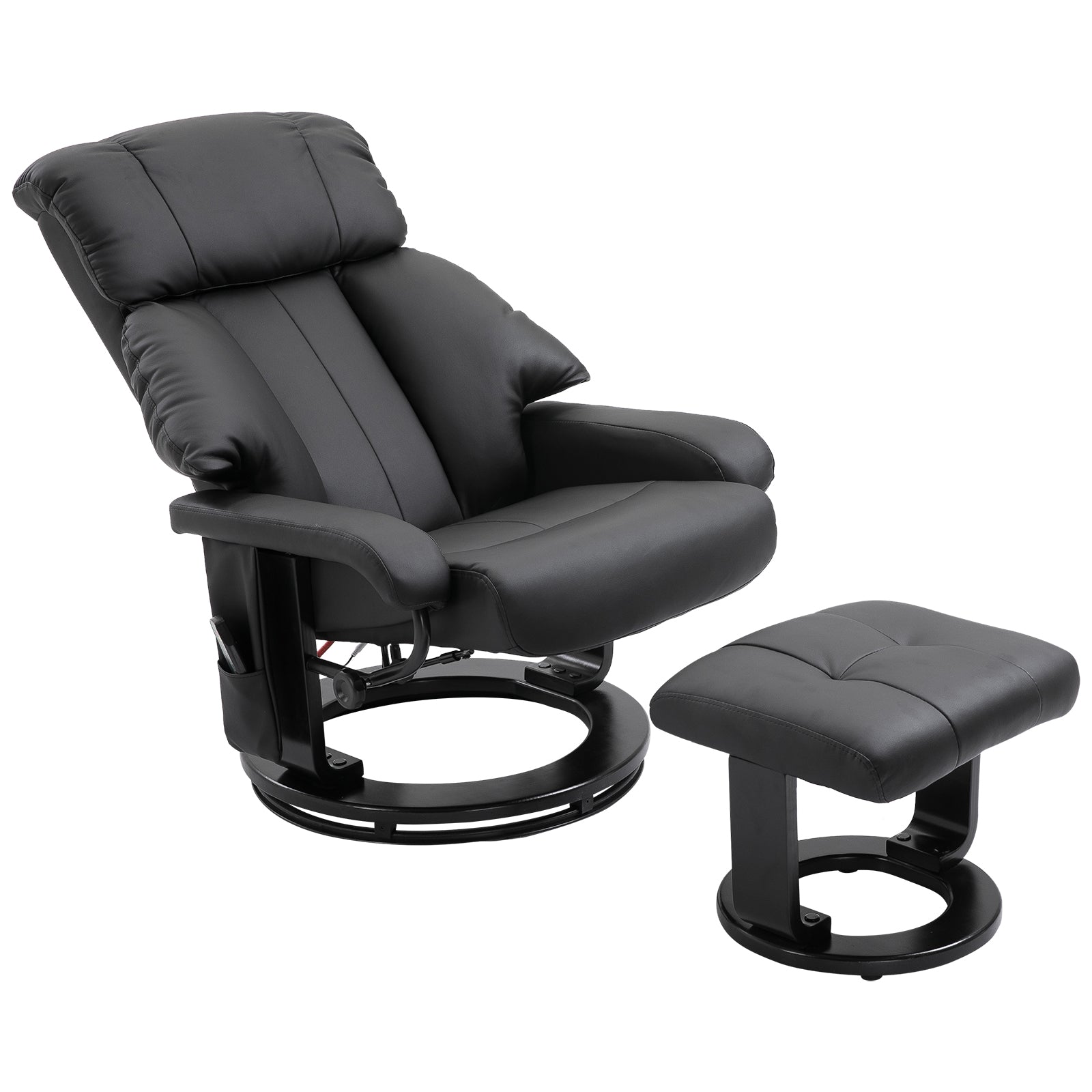 Massage Recliner Chair with Ottoman, 360° Swivel Recliner and Footstool, 10 Point Vibration, PU Leather Reclining Chair with Side Pocket and Remote Control, Black