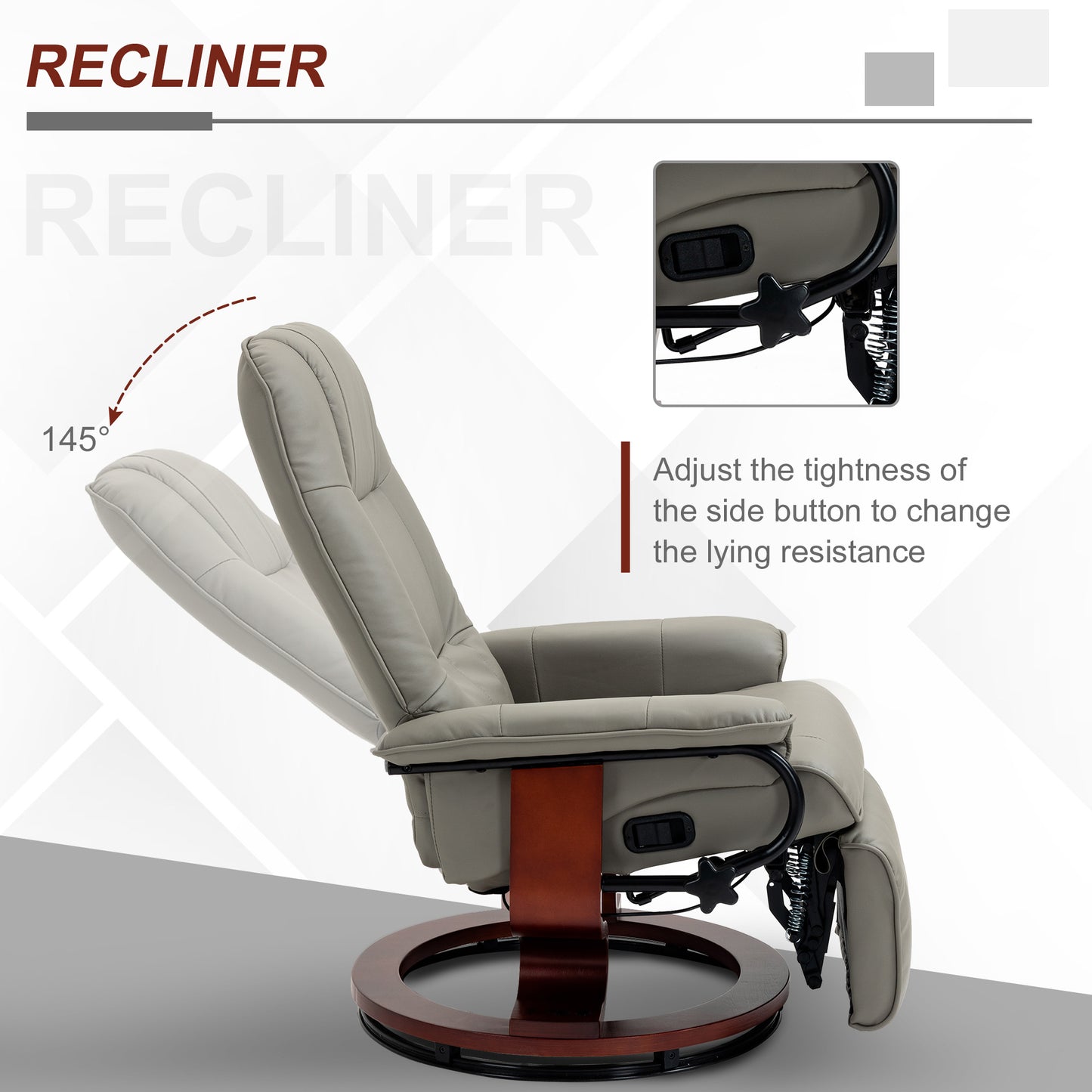 Faux Leather Manual Recliner, Adjustable Swivel Lounge Chair with Footrest, Armrest and Wrapped Wood Base for Living Room, Gray