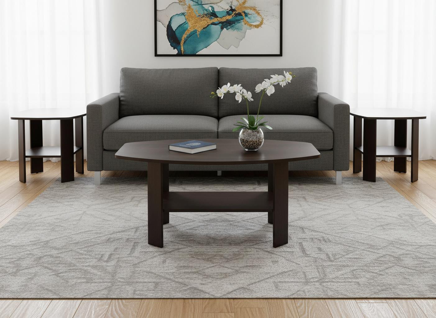 Set of Three 36" Brown Coffee Table With Shelf