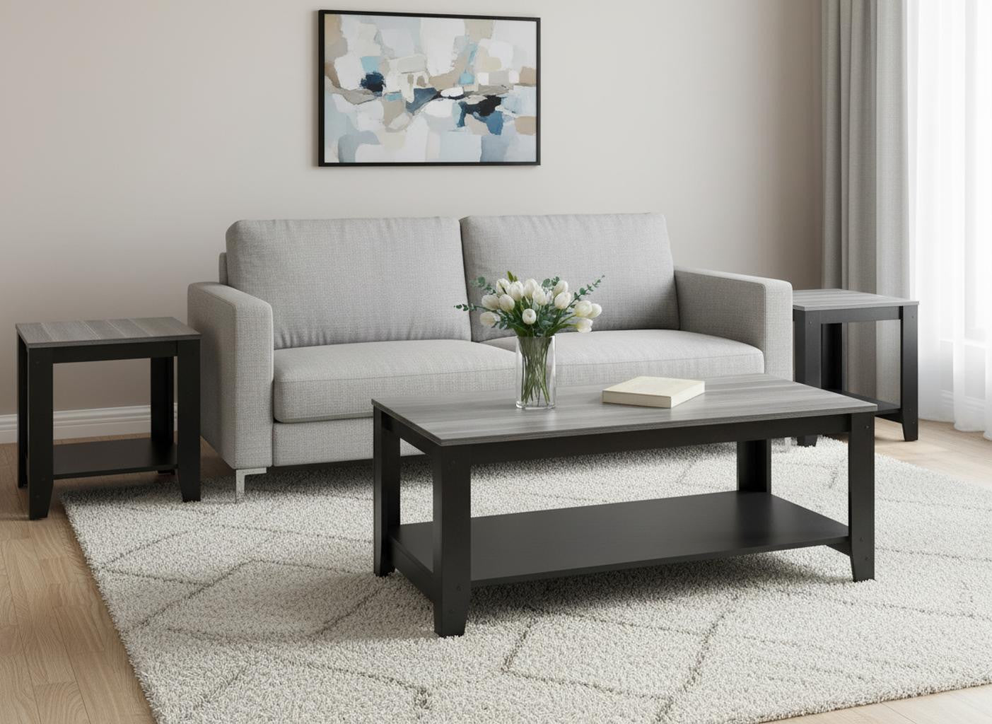 Set of Three 42" Gray And Black Coffee Table With Shelf
