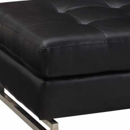63" Black Tufted Faux Leather and Silver Ottoman