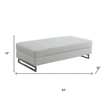 63" White and Silver Faux Leather Ottoman