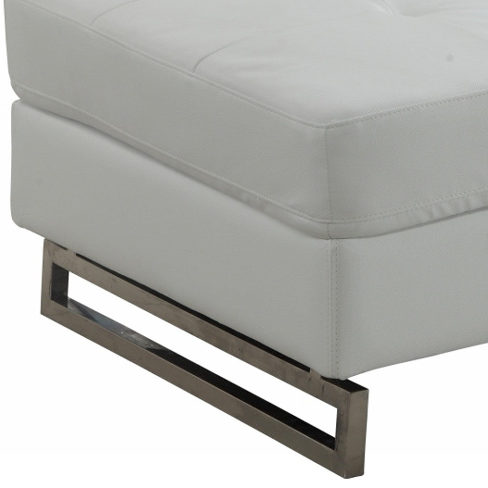 63" White and Silver Faux Leather Ottoman