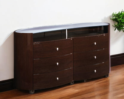 63" Brown Wood Six Drawer Dresser