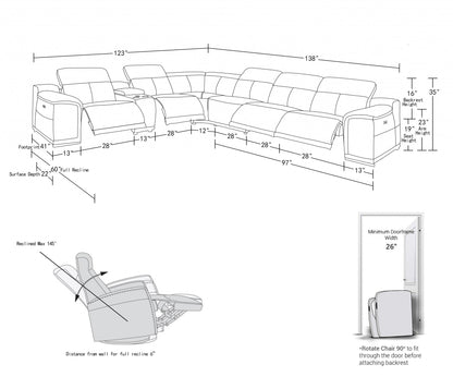 Gray Italian Leather Power Reclining U Shaped Seven Piece Corner Sectional With Console