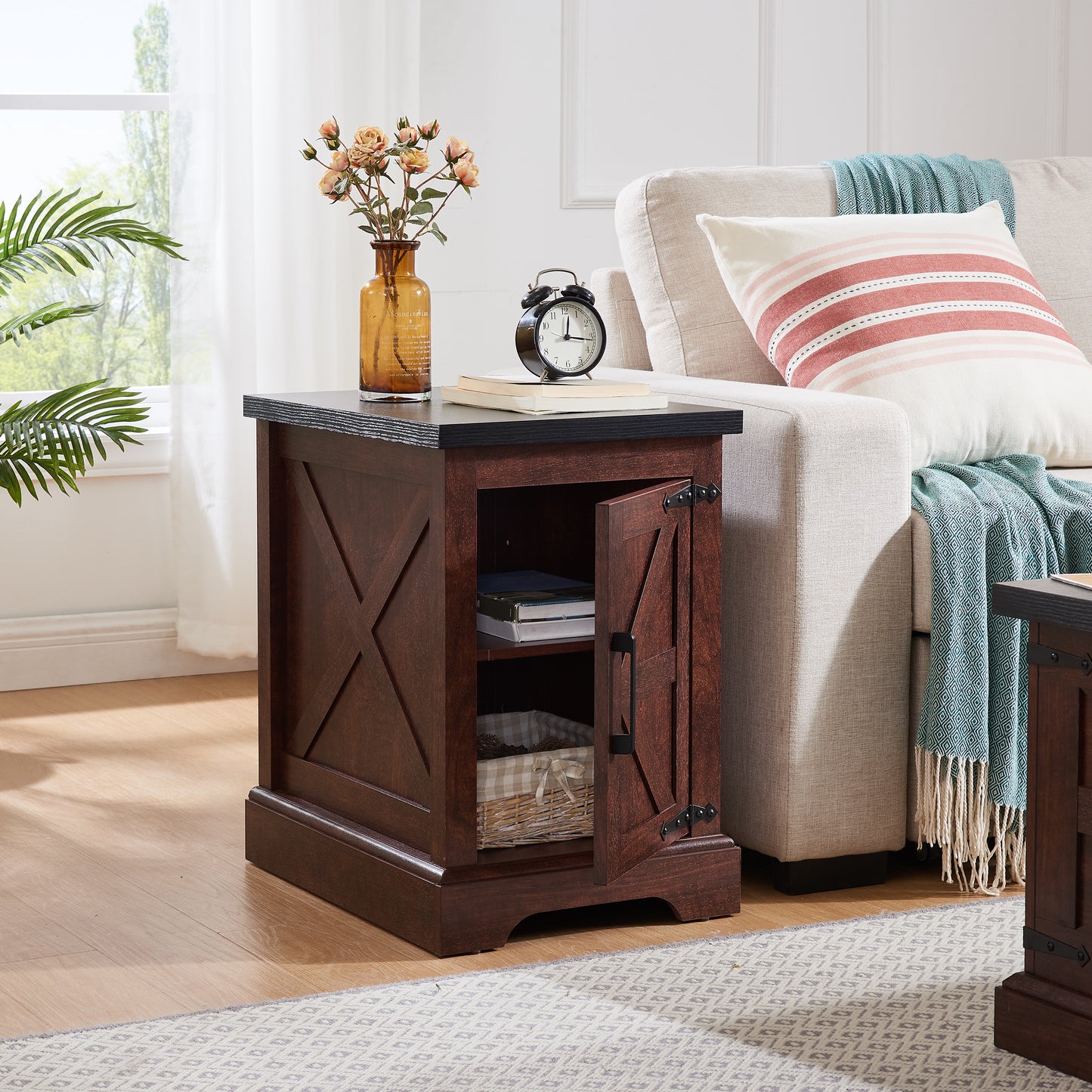 Farmhouse End Table Nightstand Rectangular Farmhouse End Table With Barn Door And Adjustable Storage Shelf, Rustic Sofa Side Table For Living Room, Bedroom, OAK