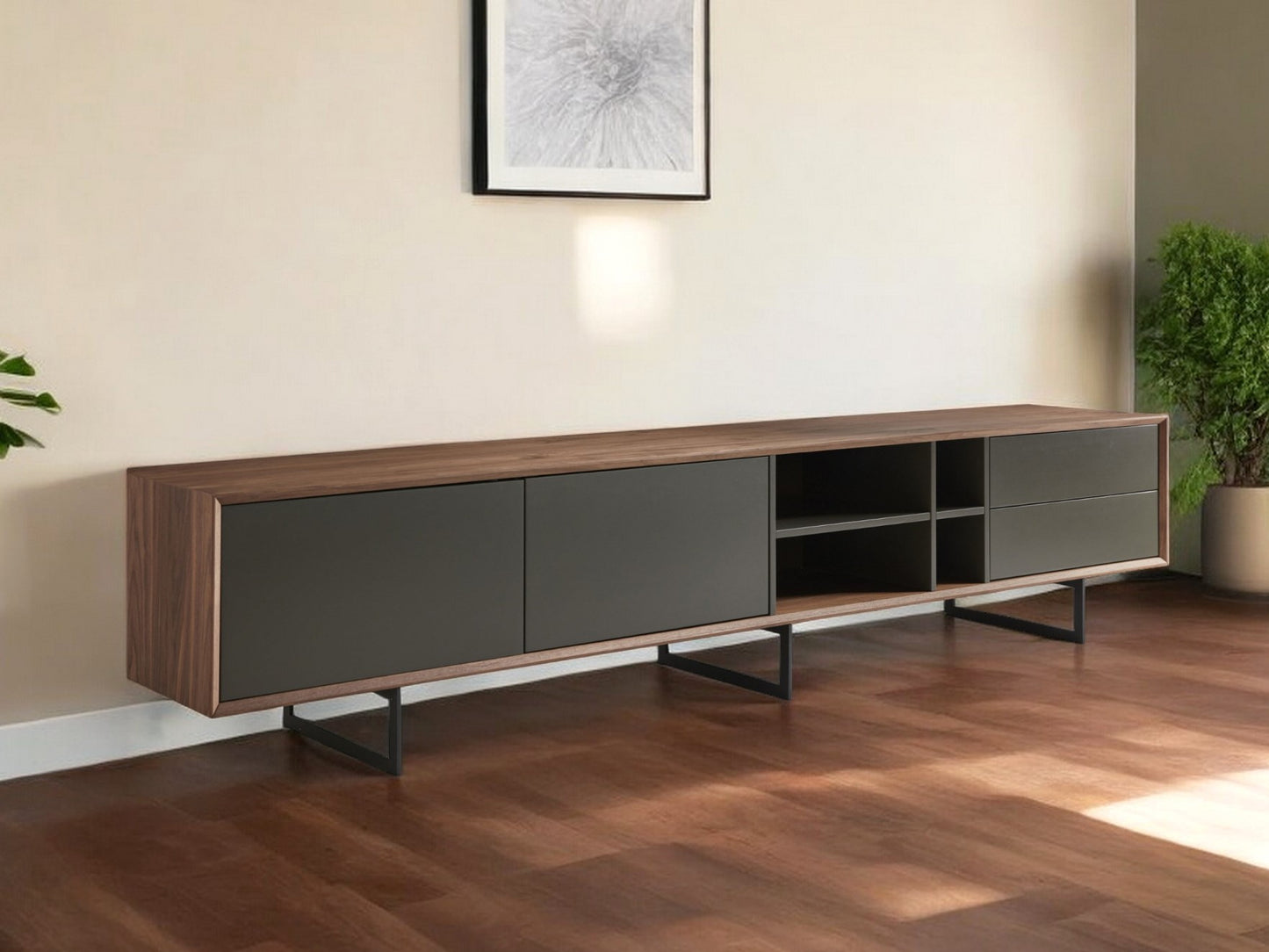 94" Gray Solid and Manufactured Wood Enclosed and Open Storage TV Stand