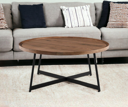 35" Brown and Black Wood And Metal Round Frame Coffee Table