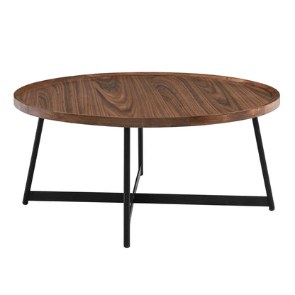 35" Brown and Black Wood And Metal Round Frame Coffee Table