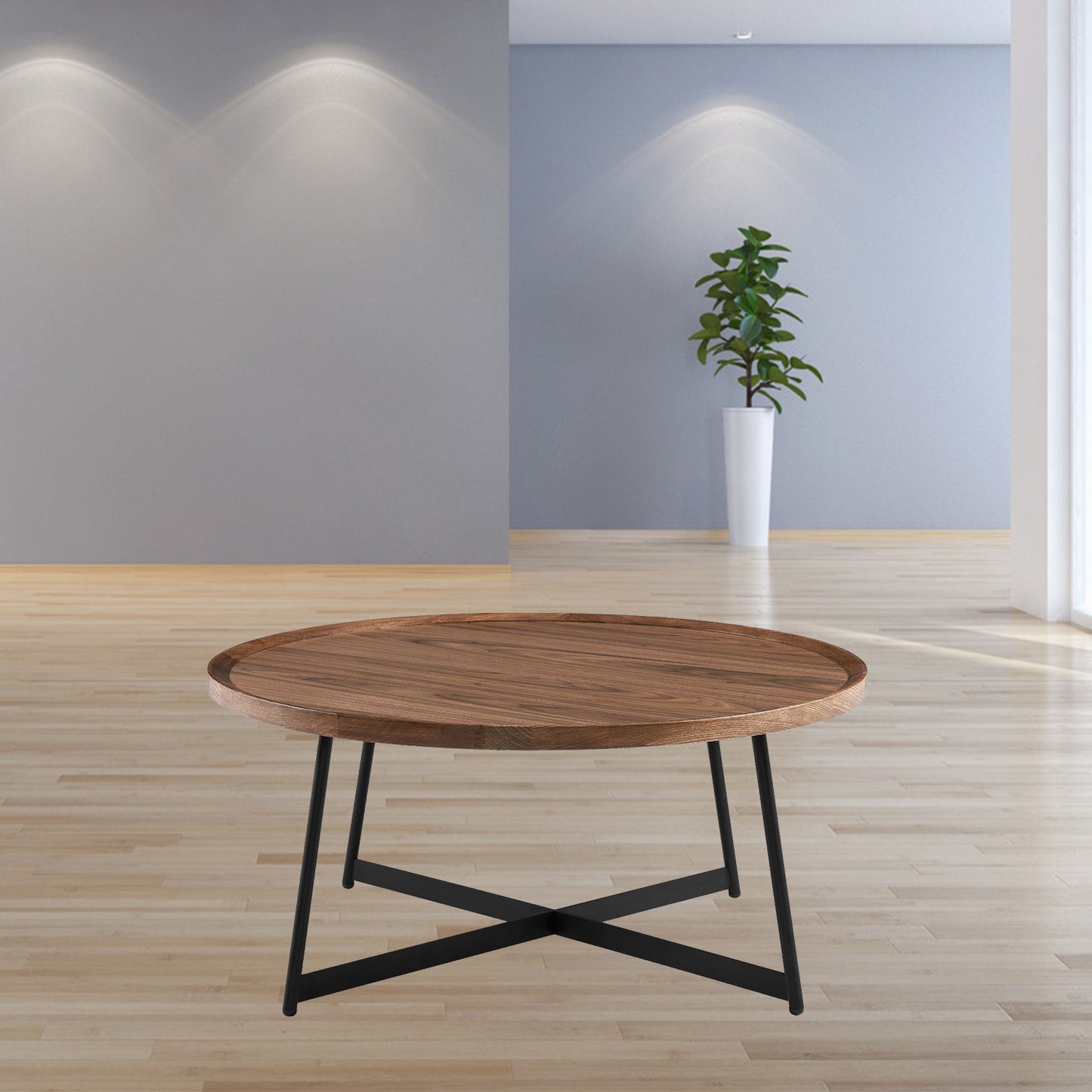 35" Brown and Black Wood And Metal Round Frame Coffee Table