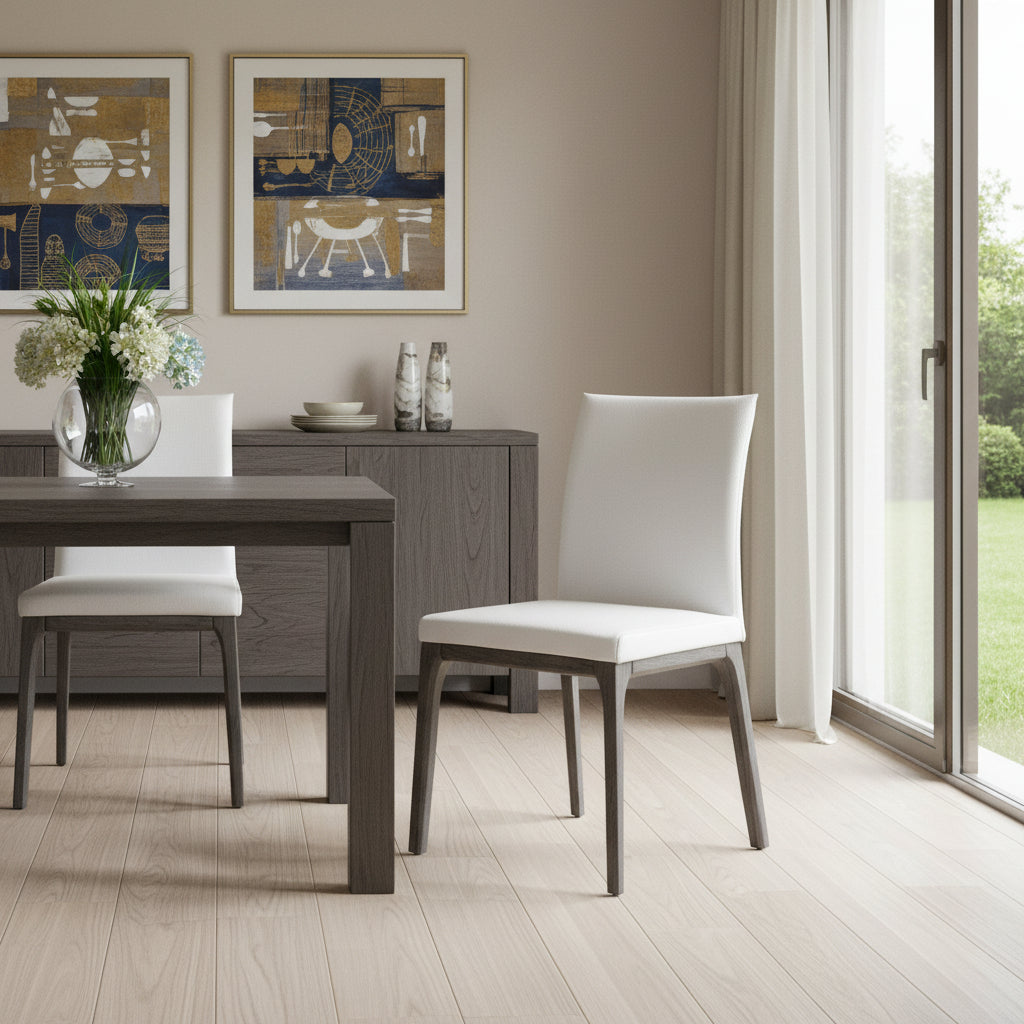 Set of Two White and Gray Upholstered Faux Leather Dining Side Chairs