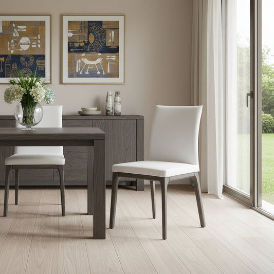 Set of Two White and Gray Upholstered Faux Leather Dining Side Chairs