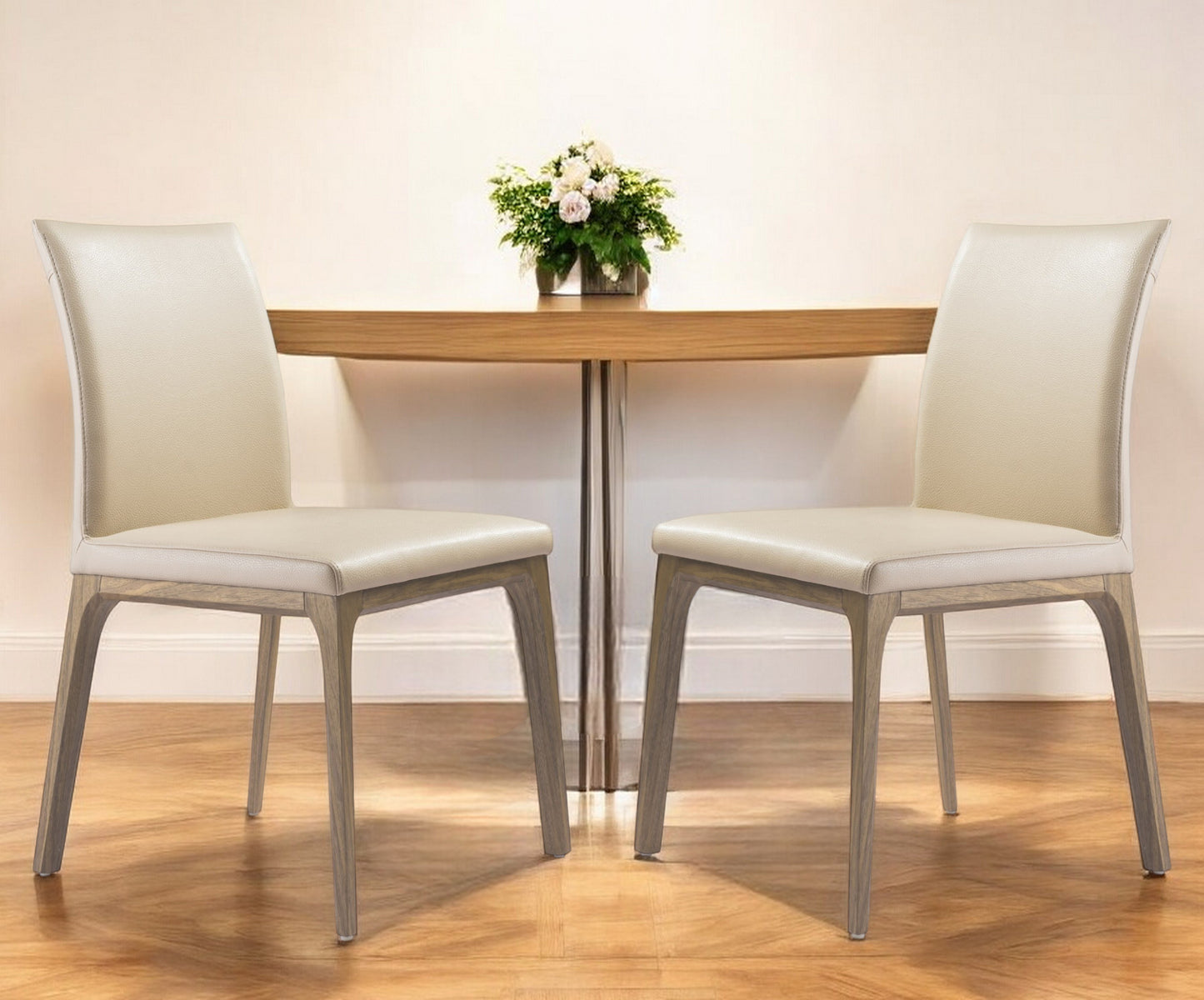 Set of Two Taupe and Brown Upholstered Faux Leather Dining Side Chairs
