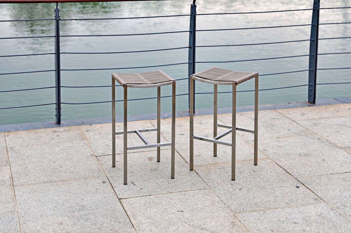 Set of Four 28" Brown and Silver Iron and Steel Backless Counter Height Bar Chairs