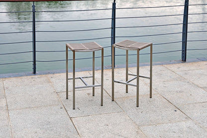 Set of Four 28" Brown and Silver Iron and Steel Backless Counter Height Bar Chairs