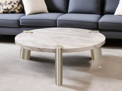 48" White and Silver Marble and Stainless Steel Round Coffee Table