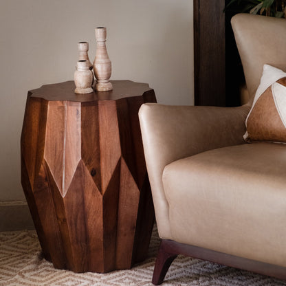 23" Dark Brown Solid Wood Drum End Table