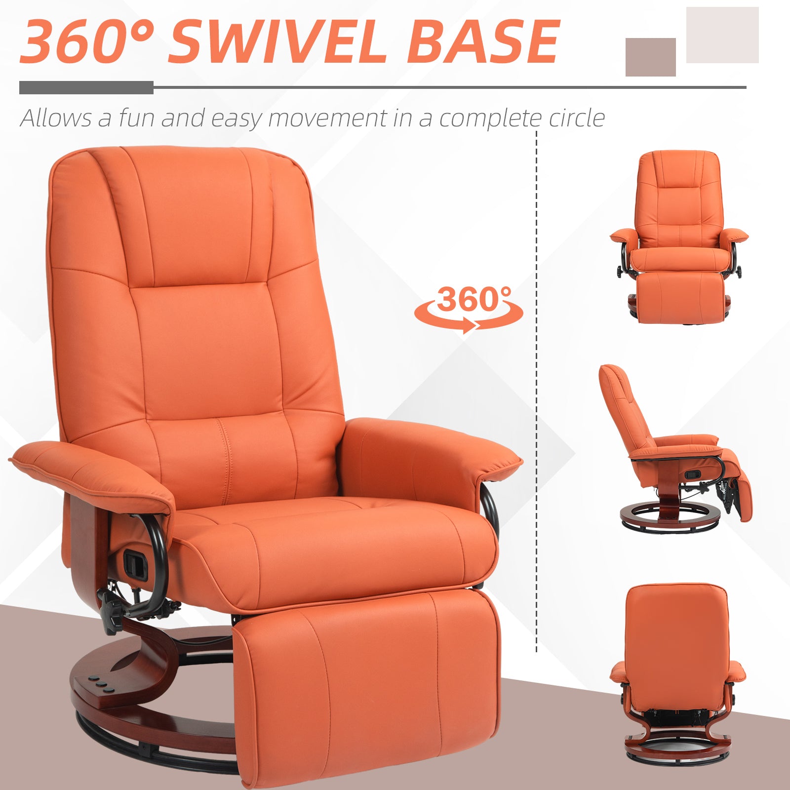 Faux Leather Recliner Chair, Swivel Recliner with Footrest, Armrest and Wood Base for Living Room, Orange