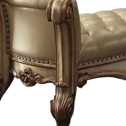 74" Bone and Gold Tufted Faux Leather Upholstered Bench