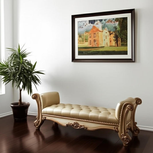 74" Bone and Gold Tufted Faux Leather Upholstered Bench