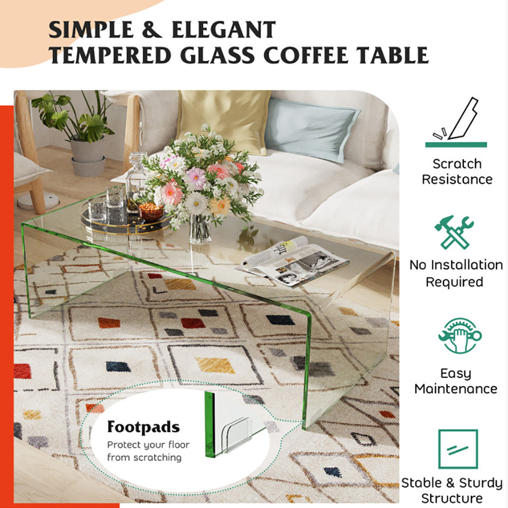 42.5 X 20 X 14 Inch Glass Coffee Table With Rounded Edges For Living Room