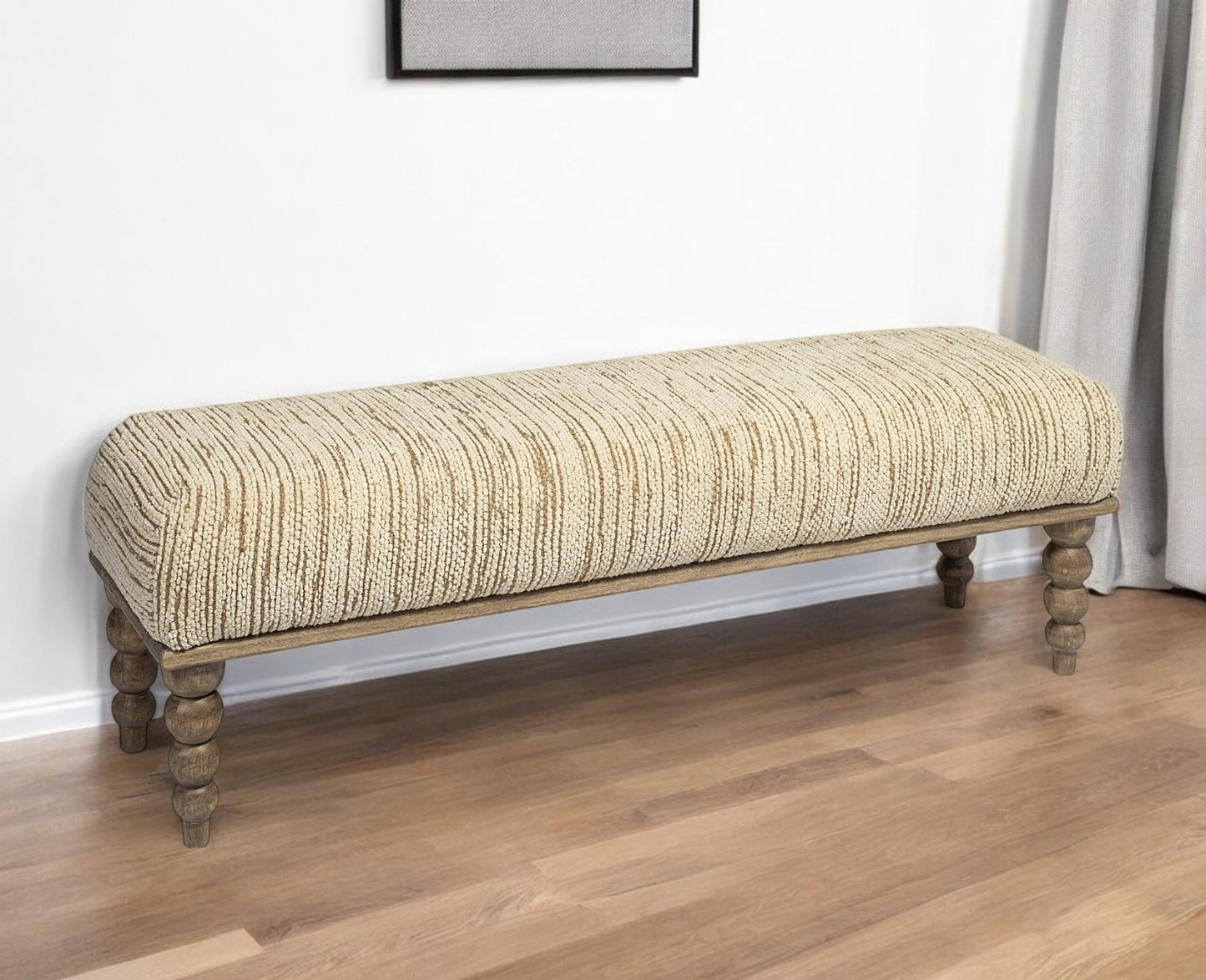 55" Cream and Wood Brown Upholstered Fabric Bench