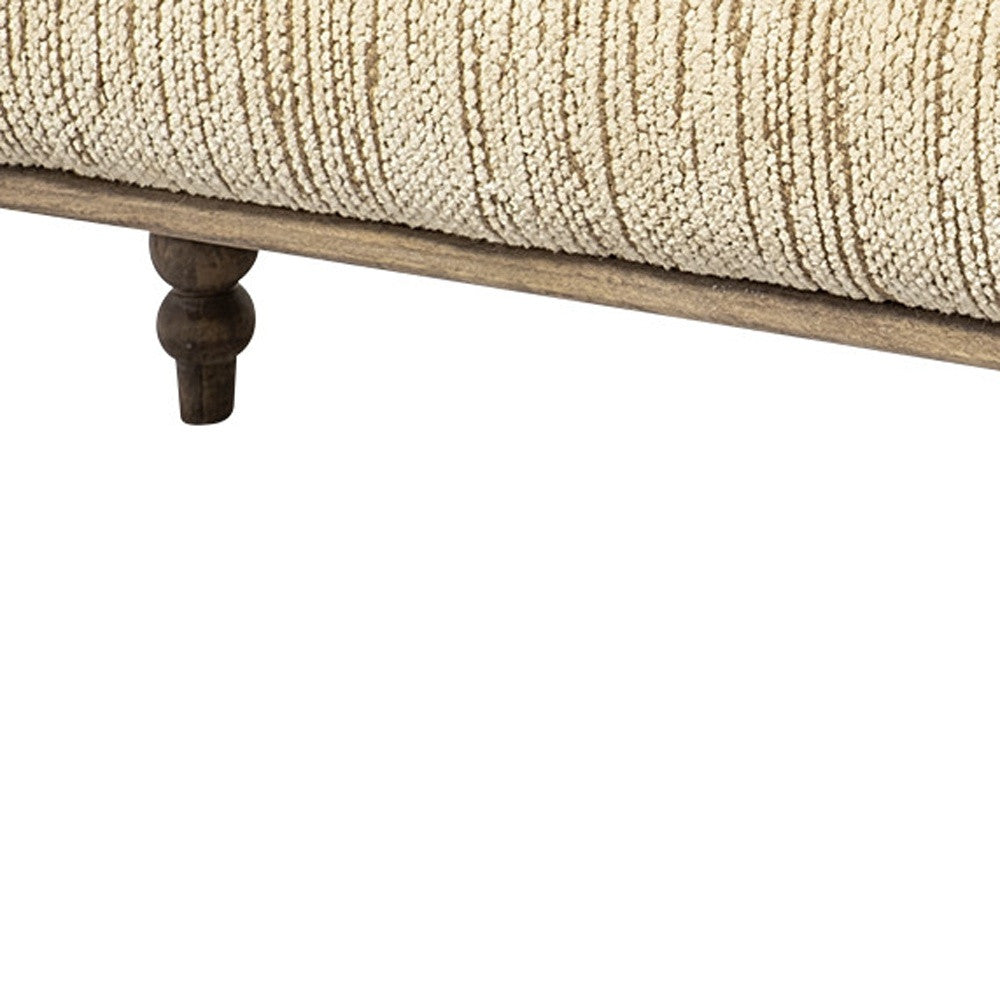 55" Cream and Wood Brown Upholstered Fabric Bench