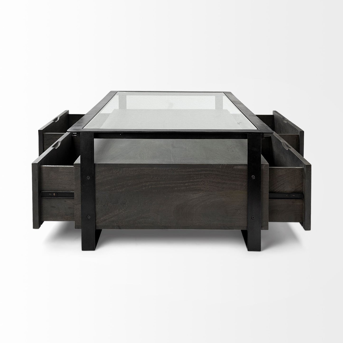 30" Clear And Black Glass Rectangular Coffee Table With Four Drawers And Shelf