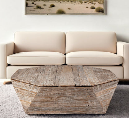 49" Natural Wood Octagon Distressed Lift Top Abstract Coffee Table