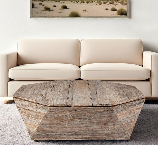 49" Natural Wood Octagon Distressed Lift Top Abstract Coffee Table