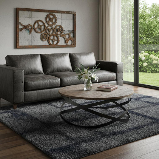 41" Brown and Black Solid Wood and Metal Round Coffee Table