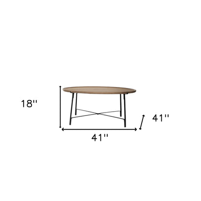Set of Two Brown and Black Solid Wood and Iron Round Nested Coffee Tables