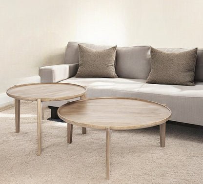 Set of Two Brown Solid Wood Round Nested Coffee Tables