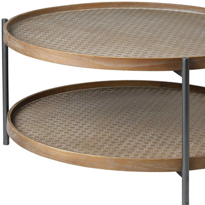 33" Brown and Black Solid Wood and Iron Round Coffee Table With Shelf