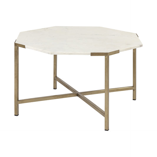 33" White and Gold Genuine Marble and Metal Octagon Coffee Table