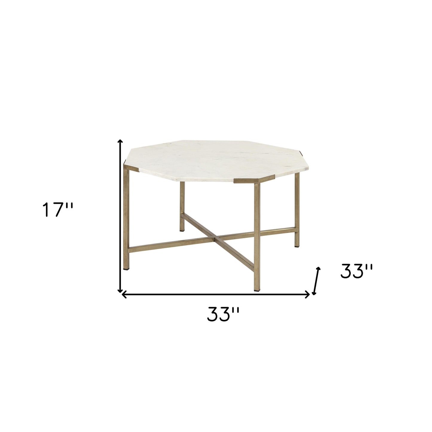 33" White and Gold Genuine Marble and Metal Octagon Coffee Table