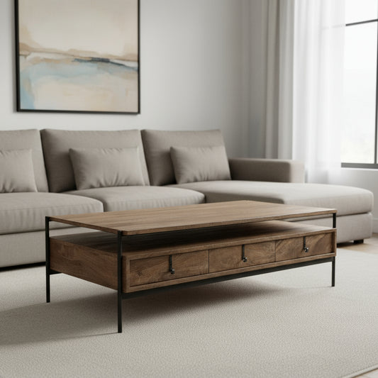 56" Brown and Black Solid Wood and Metal Coffee Table With Three Drawers