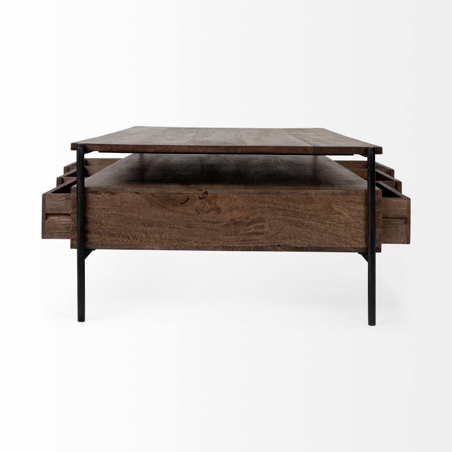 56" Brown and Black Solid Wood and Metal Coffee Table With Three Drawers